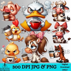 Può includere: Set di clipart digitale di 10 animali dei cartoni animati che tengono tazze di caffè. Gli animali includono un maiale, un'anatra, un pollo, un cavallo, una mucca e un asino. Gli animali indossano tutti accessori carini come fiocchi e cappelli. Le immagini sono file JPG e PNG a 300 DPI.