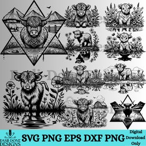 May include: Black and white digital illustrations of Highland cows in various settings. Some images feature cows in fields, near water, and within geometric shapes. The illustrations are suitable for digital download.