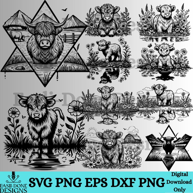 May include: Black and white digital illustrations of Highland cows in various settings. Some images feature cows in fields, near water, and within geometric shapes. The illustrations are suitable for digital download.