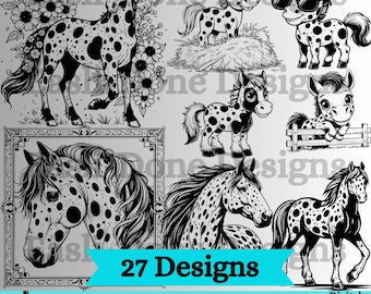 May include: A collection of 27 horse designs in black and white, including full-body illustrations, portraits, and cartoon-style ponies. The designs feature floral accents and various poses. Text includes "27 Designs" and "SVG PNG PDF DXF Digital Download Only."