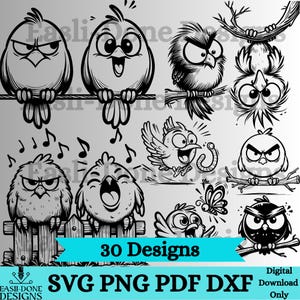 Puede incluir: Un conjunto de 30 ilustraciones digitales en blanco y negro de pájaros y búhos de dibujos animados. Las ilustraciones están en varias poses y expresiones, incluyendo cantar, volar y sentarse en ramas. El texto "30 Designs" y "SVG PNG PDF DXF" está incluido en la imagen.
