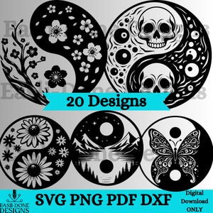 Könnte beinhalten: Eine Sammlung von schwarz-weißen Yin-Yang-Designs mit floralen Mustern, Totenköpfen, einem Schmetterling und einer Berglandschaft. Der Text "20 Designs" und "SVG PNG PDF DXF Digital Download ONLY" ist ebenfalls enthalten.
