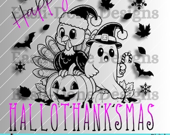 May include: Black and white digital design featuring a turkey, ghost, and pumpkin with the text "Happy Hallothanksmas".