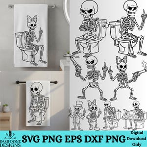Könnte beinhalten: Schwarz-weiße digitale Illustrationen von Skeletten in verschiedenen Posen. Einige sitzen auf einer Toilette, andere halten eine Waffe oder zeigen den Mittelfinger. Der Text "SVG PNG EPS DXF PNG" und "Digital Download Only" ist ebenfalls enthalten.