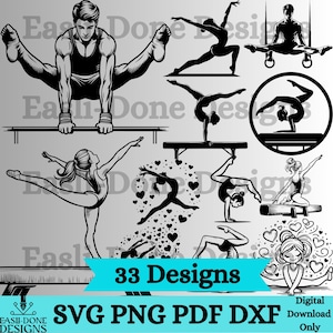 Puede incluir: Diseños digitales en blanco y negro que muestran poses de gimnasia, incluyendo atletas en barras de equilibrio, barras paralelas y anillas. La imagen incluye el texto "33 Designs" y opciones de tipo de archivo: SVG, PNG, PDF y DXF.