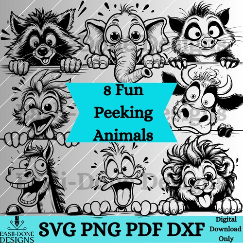 Crazy Fun Peeking Animal Outline Bundle SVG PNG pdf and dxf Files Instant Download Sublimation clipart laser engraver Funny Peeking Wildlife