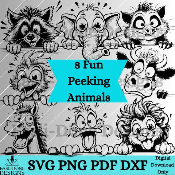 Crazy Fun Peeking Animal Outline Bundle SVG PNG pdf and dxf Files Instant Download Sublimation clipart laser engraver Funny Peeking Wildlife