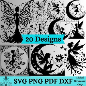 Pode incluir: Um conjunto de 20 designs digitais em preto e branco com fadas, luas e elementos florais. O texto "20 Designs" é exibido em uma faixa azul. O texto "SVG PNG PDF DXF Download digital apenas" é exibido na parte inferior da imagem.