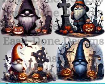 May include: Four digital illustrations of gnomes in a graveyard setting. Each gnome is wearing a different colored hat and holding a jack-o-lantern. The gnomes are surrounded by tombstones, trees, and bats.
