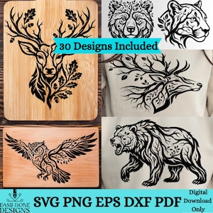Könnte beinhalten: Eine Sammlung schwarzer grafischer Illustrationen von Wildtieren wie Hirsch, Bär, Eule und Raubkatze mit komplexen Blatt- und Zweigmustern. Der Text 30 Designs Included sowie SVG PNG EPS DXF PDF Digital Download Only ist deutlich zu sehen.