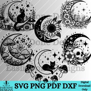May include: Set of five black and white digital illustrations featuring crescent moons with various designs. The designs include a cat, a sunflower, mushrooms, a skull, and a cat sleeping on the moon. The text "SVG PNG PDF DXF" is at the bottom of the image.