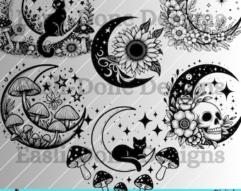 Himmelsk måne SVG-paket: Blommor, dödskalle, svampdesigner (digital nedladdning)