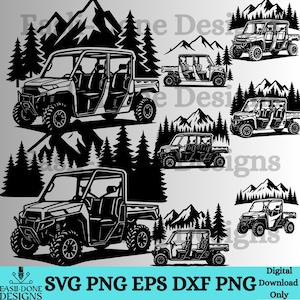 Op de afbeelding: Zwart-wit illustraties van off-road utility vehicles, inclusief side-by-sides, met berg- en bos silhouetten op de achtergrond. De afbeelding bevat de tekst "SVG PNG EPS DXF PNG Digital Download Only".
