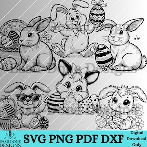 Pode incluir: Clipart digital em preto e branco de coelhos da Páscoa segurando ovos. Os coelhos estão em várias poses, alguns com óculos de sol, outros com laços e outros com flores. Os ovos são decorados com bolinhas e listras.