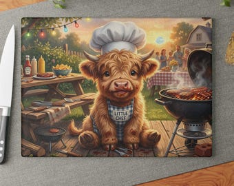 Tabla de cortar de vidrio Little Chef Highland Cow / Barbacoa Picnic Cocina rústica