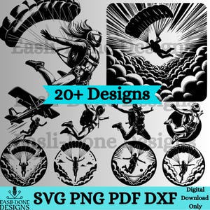 Könnte beinhalten: Ein Set mit über 20 digitalen Designs mit Schwarzweiß-Illustrationen von Fallschirmspringern und Fallschirmen. Die Designs umfassen eine Vielzahl von Posen und Stilen und eignen sich perfekt für Bastelprojekte, Scrapbooking oder digitales Design.