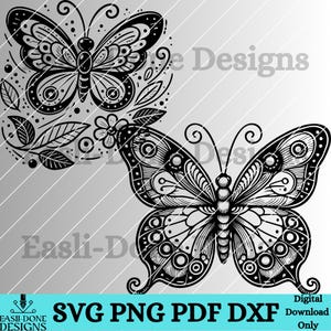 May include: Two black and white intricate butterfly designs. The butterfly on the left is surrounded by floral elements. The butterfly on the right is isolated.
