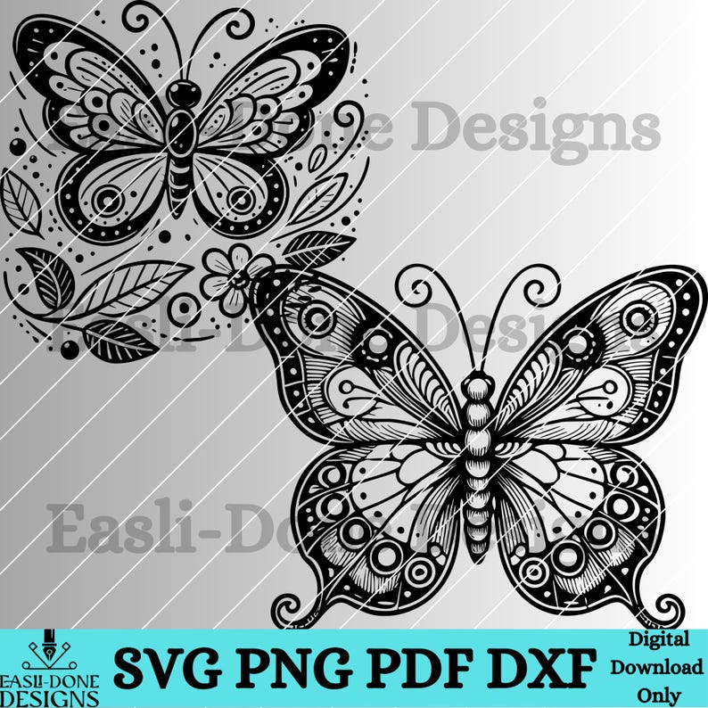 May include: Two black and white intricate butterfly designs. The butterfly on the left is surrounded by floral elements. The butterfly on the right is isolated.