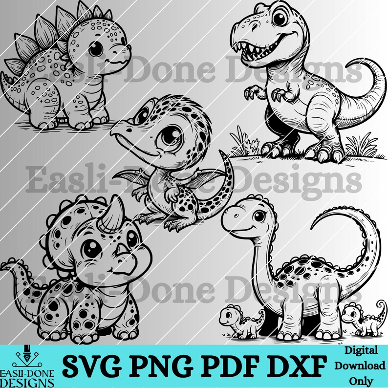 Dinosaur Bundle 10 Adorable SVG PNG Pdf and Dxf Files, Cute Kawaii ...