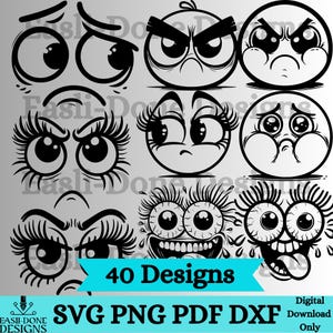 May include: A collection of 40 black and white cartoon eye and face designs. The designs include various expressions such as angry, sad, and surprised. The image also includes the text "40 Designs" and file type options.