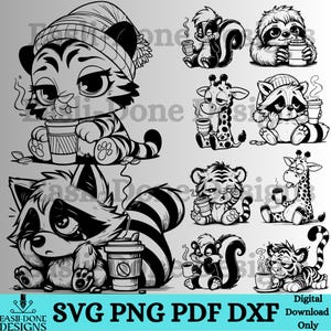 May include: Monochrome digital illustration of various cartoon animals, such as a tiger, raccoon, skunk, sloth, and giraffe, all holding coffee cups. The image includes the text "SVG PNG PDF DXF" and "Digital Download Only."
