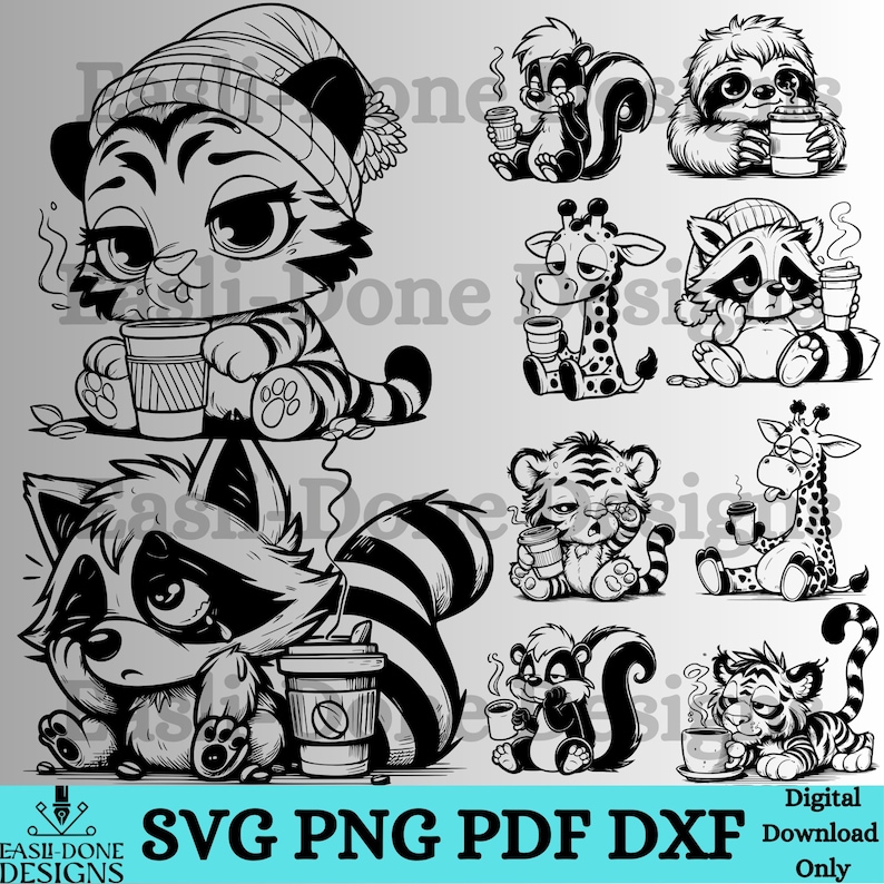 May include: Monochrome digital illustration of various cartoon animals, such as a tiger, raccoon, skunk, sloth, and giraffe, all holding coffee cups. The image includes the text "SVG PNG PDF DXF" and "Digital Download Only."