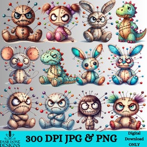 May include: A collection of whimsical, stitched voodoo doll-style plush toys. The assortment includes dolls, bunnies, a mouse, and a dinosaur, each with colorful pins and expressive faces. The image also includes the text "300 DPI JPG & PNG" and "Digital Download ONLY".