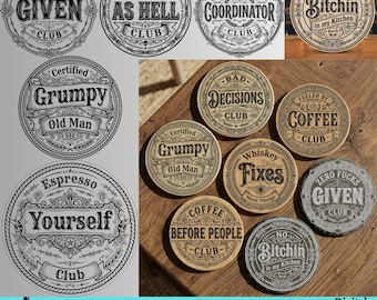 Sarcastische SVG-bundel, Grappige ronde SVG-bundel voor volwassenen, Cranky Old Bastards Club SVG, Sarcastische onderzetter voor volwassenen met lasergravure, Sublimatie png