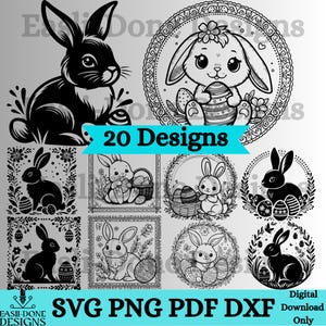 Puede incluir: Un conjunto de 20 diseños digitales en blanco y negro con conejos sosteniendo huevos de Pascua. Los diseños son de varios estilos, incluyendo dibujos de líneas simples e ilustraciones más intrincadas. El texto "20 Designs" está incluido en la imagen.