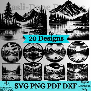 May include: A set of 20 black and white digital designs featuring lake scenes with mountains, trees, and cabins. The text "20 Designs" is in a blue banner at the top of the image. The text "SVG PNG PDF DXF Digital Download Only" is at the bottom of the image.