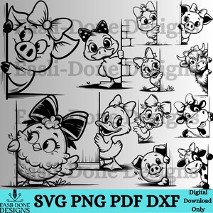 Op de afbeelding: Zwart-wit cartoon illustraties van boerderijdieren, waaronder een varken, een eend, een kuiken en een koe, elk met een strik. De dieren kijken om hoeken. De afbeelding bevat de tekst "SVG PNG PDF DXF Digital Download Only".
