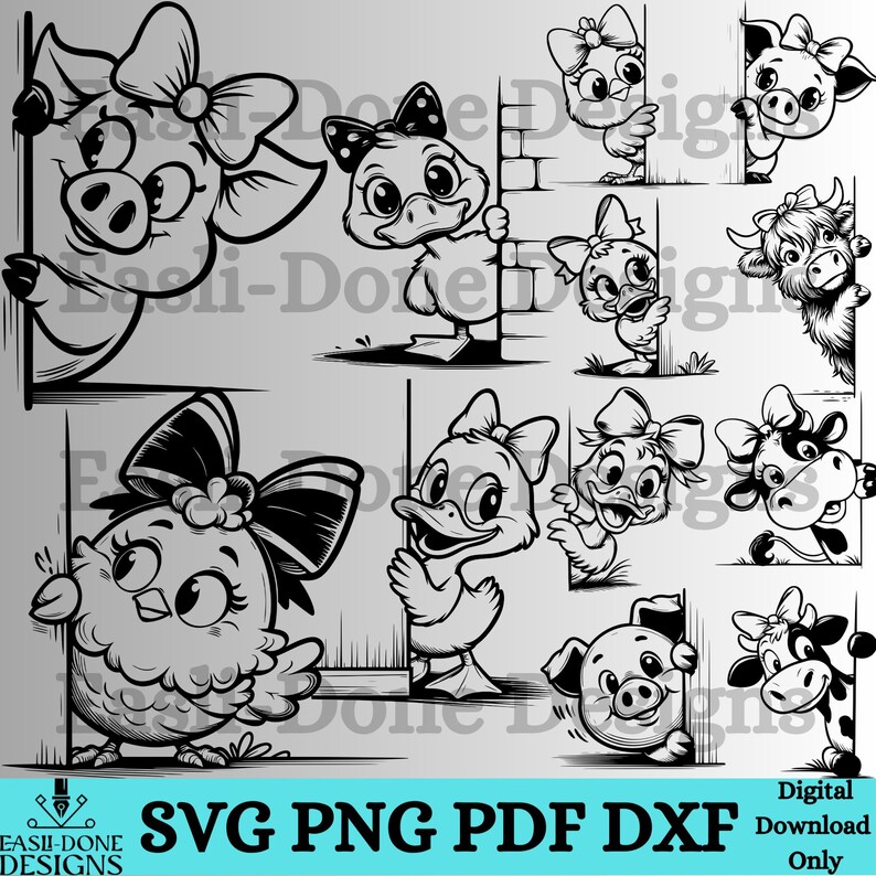 Op de afbeelding: Zwart-wit cartoon illustraties van boerderijdieren, waaronder een varken, een eend, een kuiken en een koe, elk met een strik. De dieren kijken om hoeken. De afbeelding bevat de tekst "SVG PNG PDF DXF Digital Download Only".