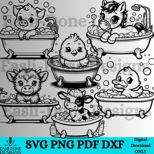 Badkar bondgårdsdjur SVG PNG pdf- och dxf-filer direktnedladdning, baddjur clipart, skärare och laserskurna filer badrumsväggkonst png
