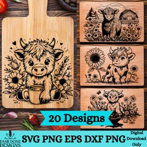 Puede incluir: Una colección de tablas de cortar y paneles decorativos de madera con diseños grabados de vacas, flores y escenas de granja. La tabla principal tiene una vaca con una taza de café. La imagen también incluye el texto "20 Designs" y opciones de tipo de archivo.