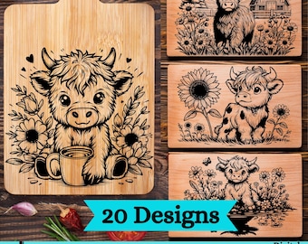 Pacchetto SVG di taglieri per mucche delle Highlands: salumi con animali da fattoria floreali, arte da cucina (download digitale)