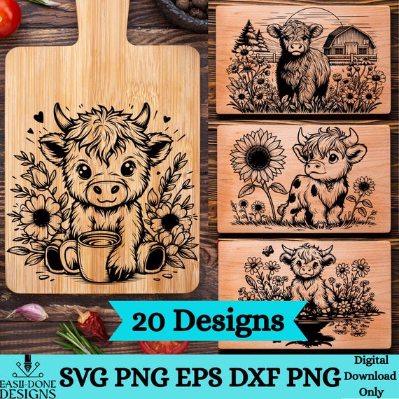 Highland Cow Cutting Board SVG Bundle: Floral Farm Animal Charcuterie, Kitchen Art (Digital Download)