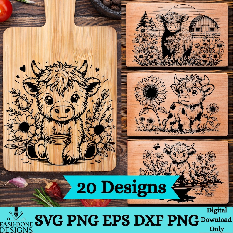May include: A selection of wooden chopping boards and decorative panels with engraved designs of cows, flowers, and farm scenes. The main board has a cow with a cup of coffee. The image also includes the text "20 Designs" and file type options.