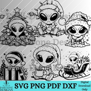 Unique Christmas Alien Outline SVG Set Alien Outline Bundle Design SVG PNG Pdf Dxf File Formats Vector Clipart sublimation laser Cricut file