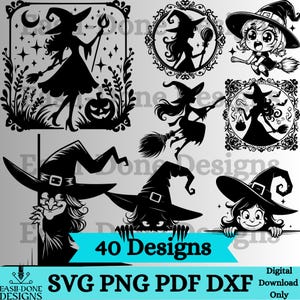 Może przedstawiać: Kolekcja 40 czarno-białych wzorów o tematyce czarownic. Projekty obejmują sylwetki czarownic, kapelusze czarownic i dynię. Tekst "40 Designs" jest wyświetlany na turkusowym banerze.