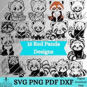 Red Panda Bear Outline Bundle 15 svg png pdf and dxf Files Instant Download, cute kawaii baby Red Panda Bear clipart, cutter and laser files