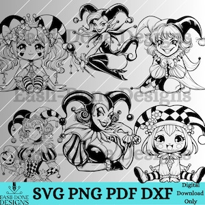 Bundle contour Bundle Designs SVG PNG Pdf Dxf Formats de fichier Vector Joker Clown Fun Clipart laser sublimation fichiers Cricut Clown bouffon kawaii