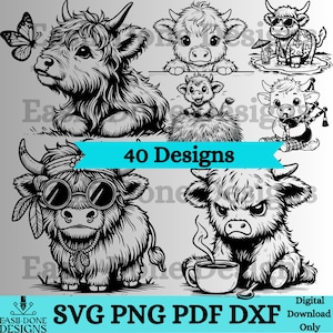 May include: A collection of black and white digital designs showcasing Highland cows in different scenarios. Some cows are depicted with sunglasses, others with coffee cups or playing bagpipes. The image includes the text "40 Designs".