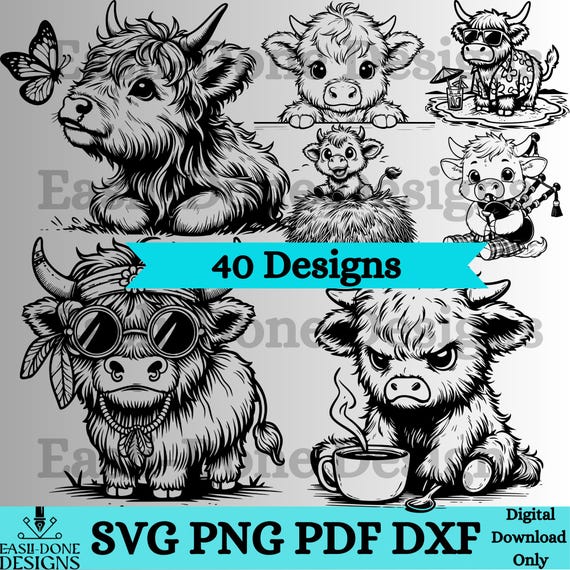 Highland cow Bundle SVG PNG pdf and dxf Files Instant Download, kawaii highland cow clipart, cutter and laser cut files Funny Farm Animal