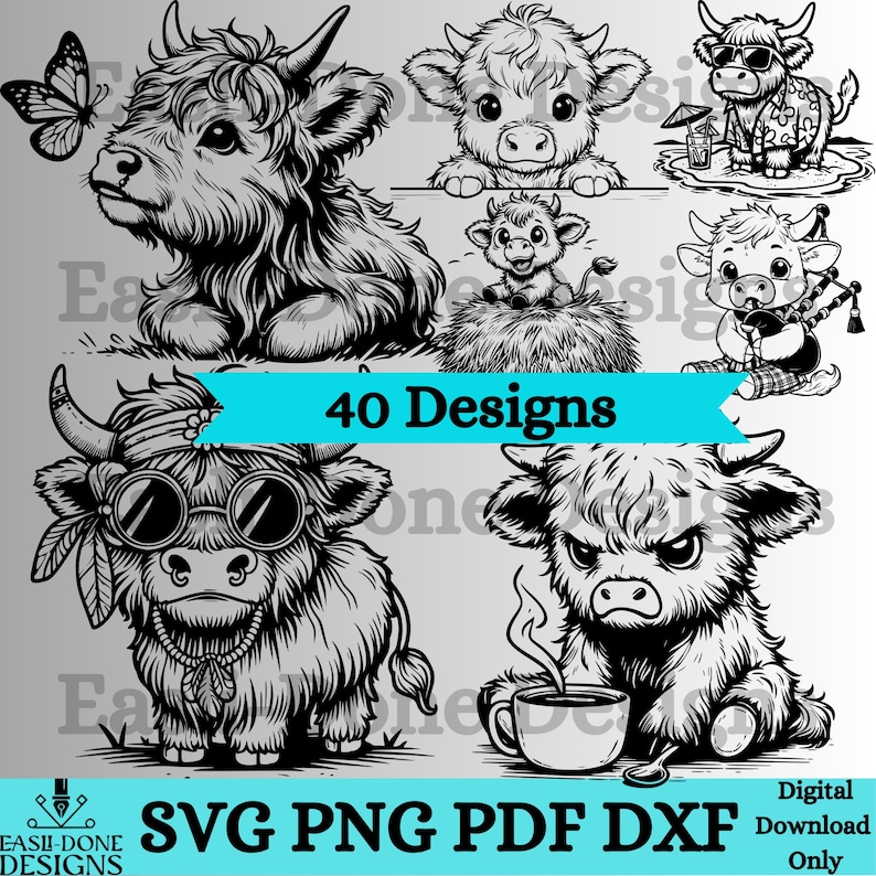 May include: A collection of black and white digital designs showcasing Highland cows in different scenarios. Some cows are depicted with sunglasses, others with coffee cups or playing bagpipes. The image includes the text "40 Designs".