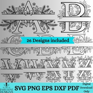 Può includere: Una collezione digitale di 26 design di lettere divise con disegni a linee nere di elementi natalizi come agrifoglio, pigne, campane, fiocchi, fiocchi di neve e bastoncini di zucchero. Il testo 26 Designs included e SVG PNG EPS DXF PDF Digital Download Only è visibile.