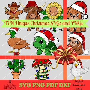 May include: Ten unique Christmas SVG and PNG digital downloads featuring a gingerbread man, a cow, a sunflower, a bulldog, a duck, a turtle, a sloth, a cactus, a mushroom, and a chicken. Each image has a festive Christmas hat.