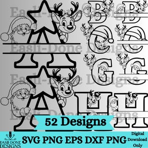 May include: Black and white digital design elements featuring Santa Claus, reindeer, Christmas trees, and the letters B, G, and H. The image includes the text "52 Designs" and file type options: SVG, PNG, EPS, and DXF.