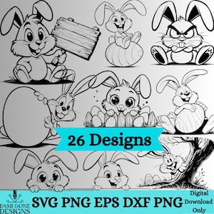 Könnte beinhalten: Eine Sammlung von 26 digitalen Designs mit Cartoon-Hasen in verschiedenen Posen. Die Schwarz-Weiß-Illustrationen zeigen Hasen, die Schilder halten, auf Eiern sitzen und über Zäune schauen. Der Text "SVG PNG EPS DXF PNG" und "Digital Download Only" ist ebenfalls enthalten.