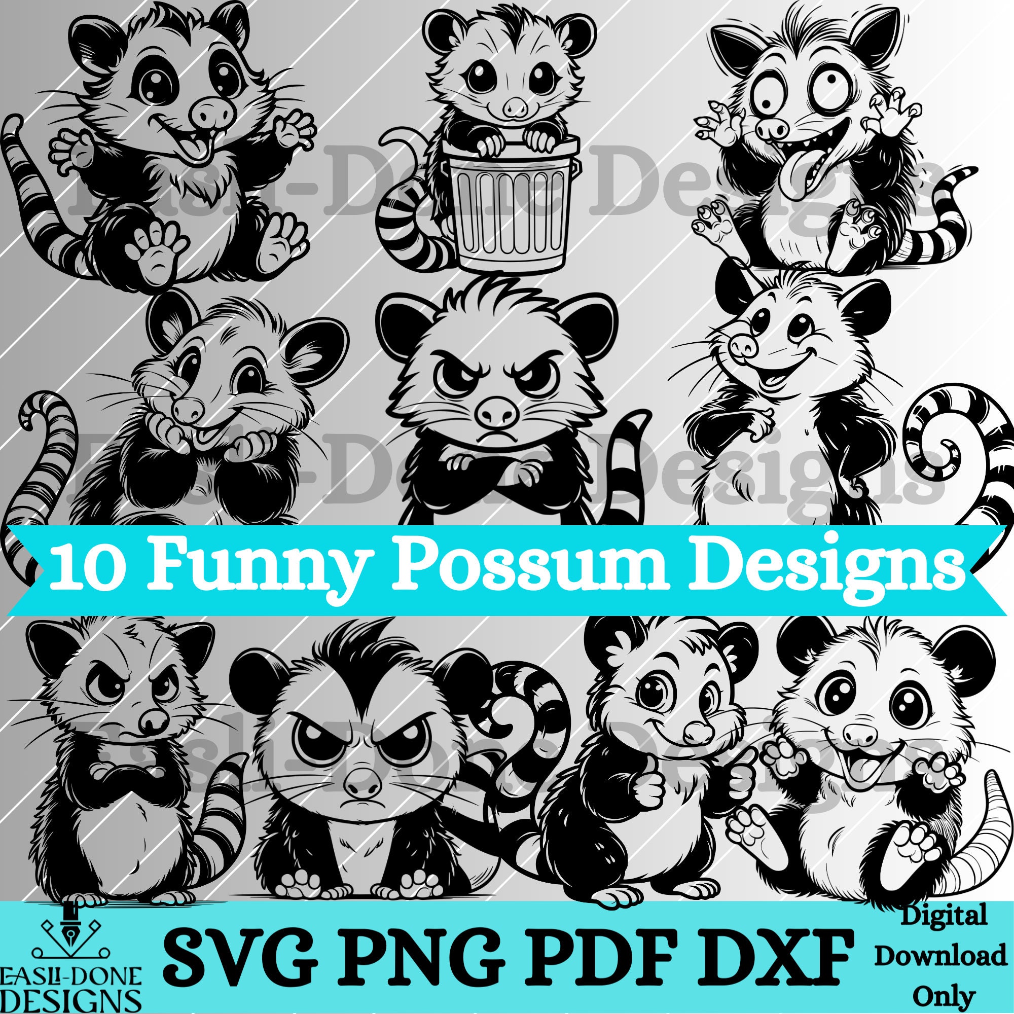 Possum SVG PNG pdf and dxf Files Instant Download Bundle 10 Cute Animal Design kawaii opossum clipart cutter and laser cut file Wildlife