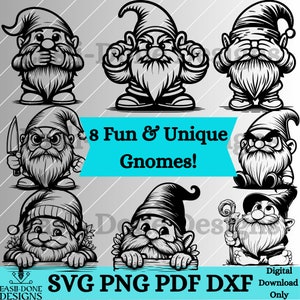 Gnomes Outline Bundle 8 Designs SVG PNG Pdf Dxf File Formats Vector Gnome Fun Clipart sublimation laser Cricut files No Evil, Peeking Gnomes